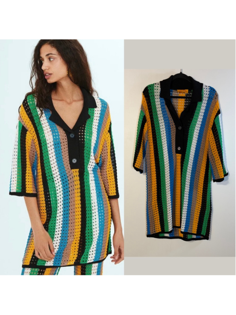 Mango x Simon Miller Oversize Openwork Knit Polo Shirt Womens Small Black Yellow
